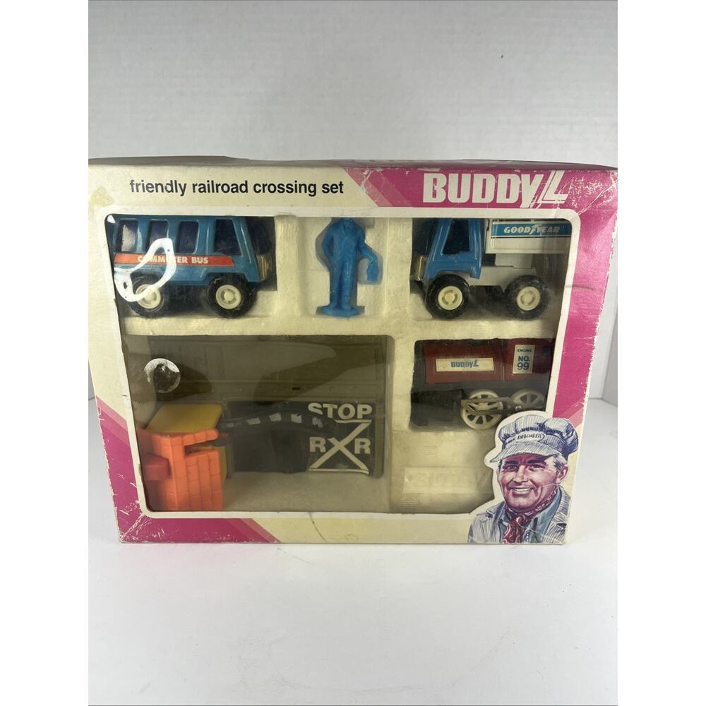 Vintage 1970s Buddy L Pressed Steel Toy Friendly Railroad Crossing Set